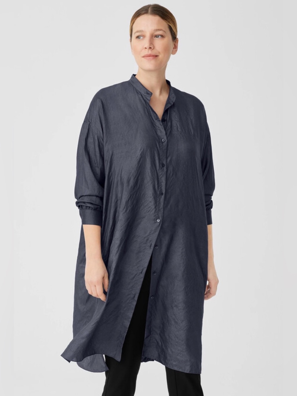 Eileen Fisher $348 Washed Silk Tussah Mandarin Collar Shirtdress dark blue grey